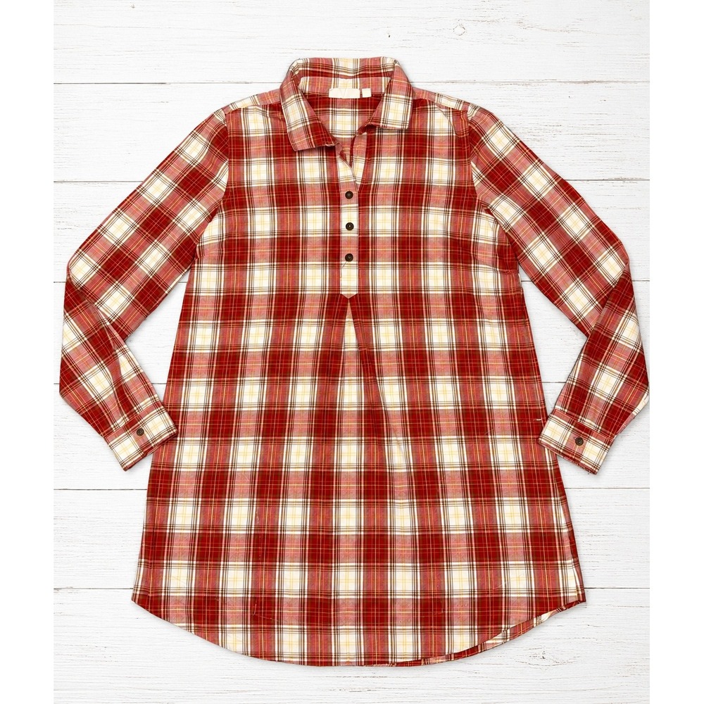 J. Jill Uncommon Threads Red Plaid Cotton Tunic Shirt‎ Womens Small Side Pockets